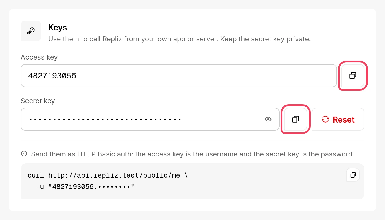 The Keys card with the copy buttons next to the access key and the secret key highlighted