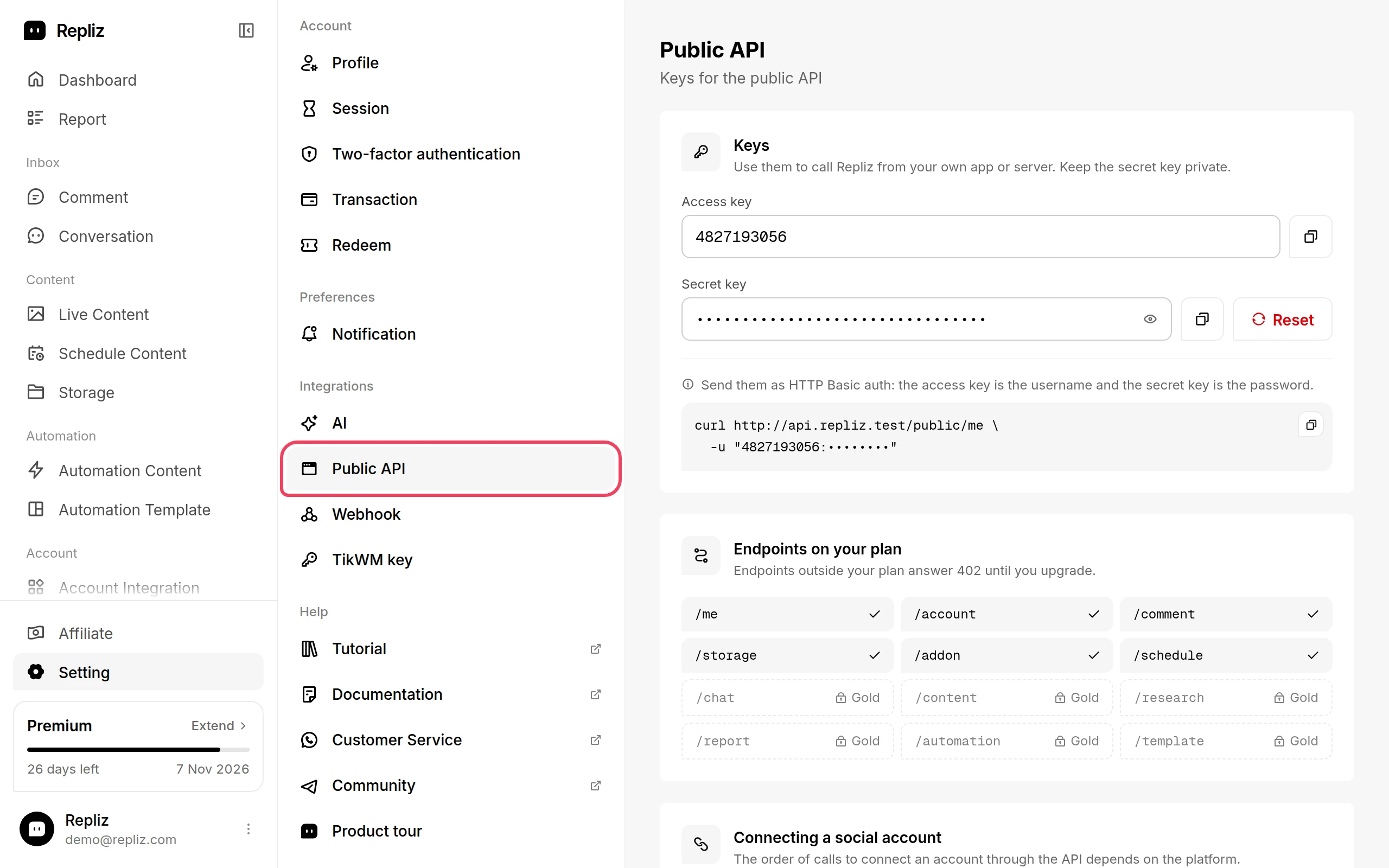 The Public API page in Settings, with Public API highlighted in the settings menu