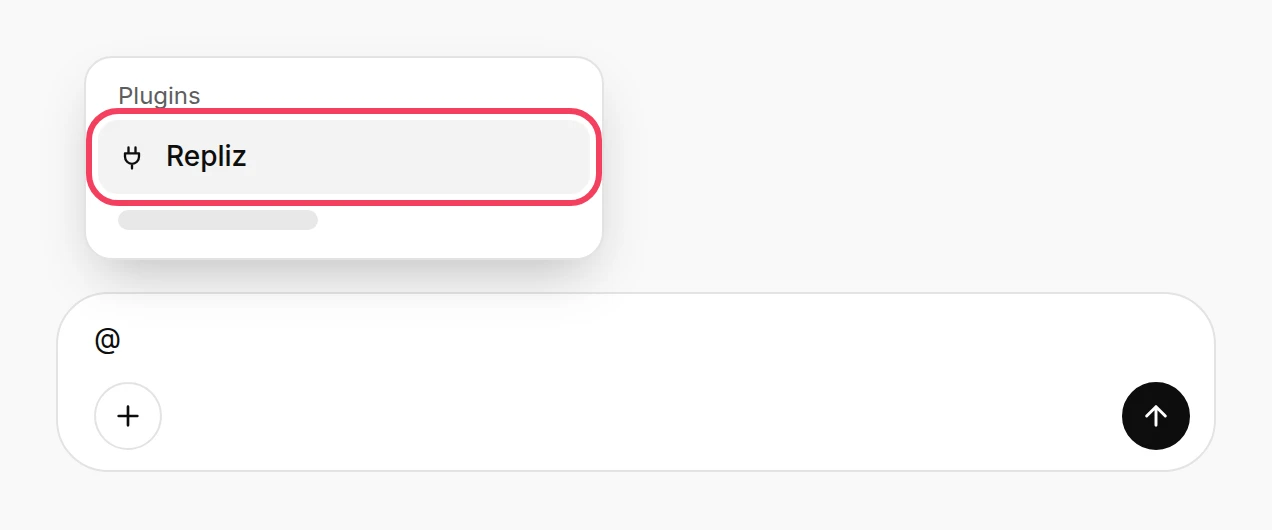 Illustration: the message box with @ typed and Repliz highlighted in the list of plugins
