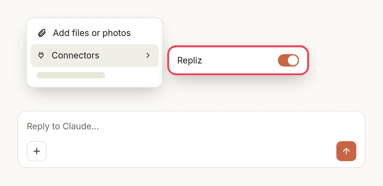 Illustration: the + menu of the message box with Connectors open and Repliz turned on