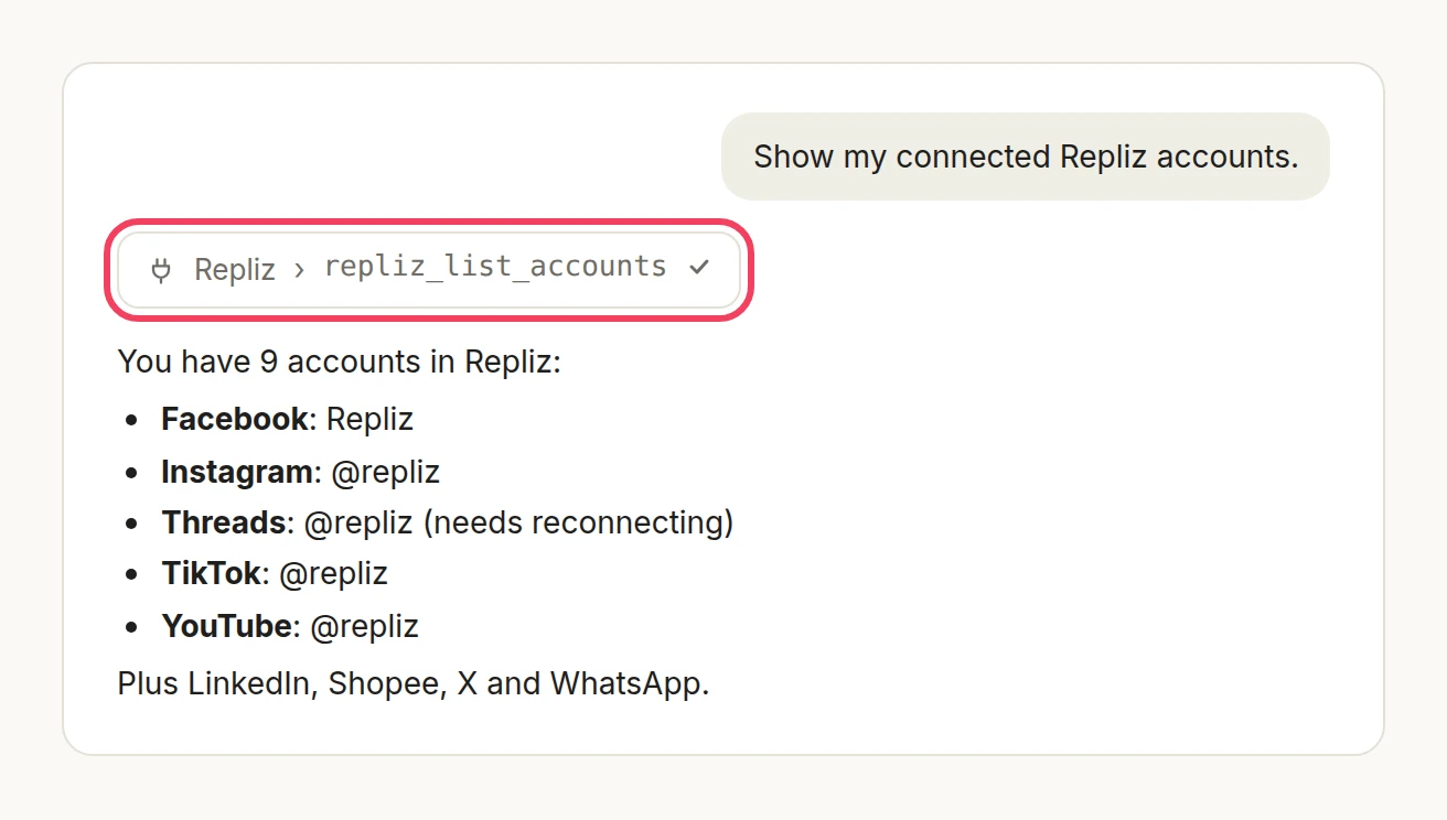 Illustration: Claude answering with the list of Repliz accounts after running repliz_list_accounts