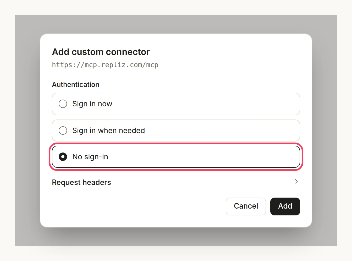 Illustration: the authentication settings with No sign-in selected and highlighted