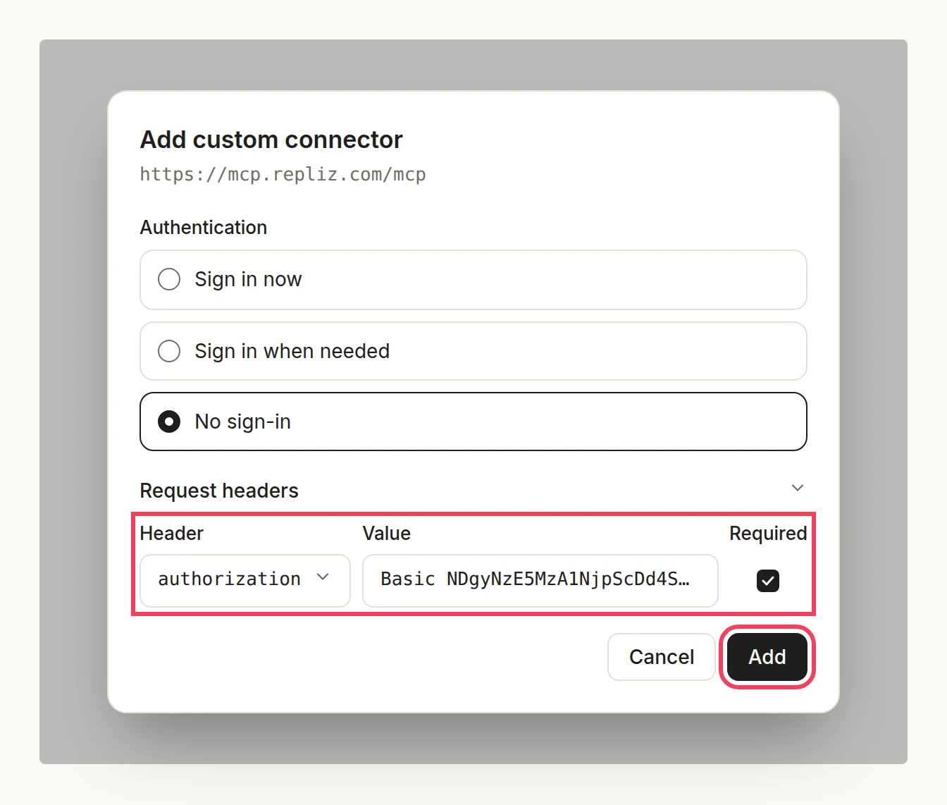Illustration: the request headers with authorization set to a Basic value and Required ticked, and the Add button highlighted