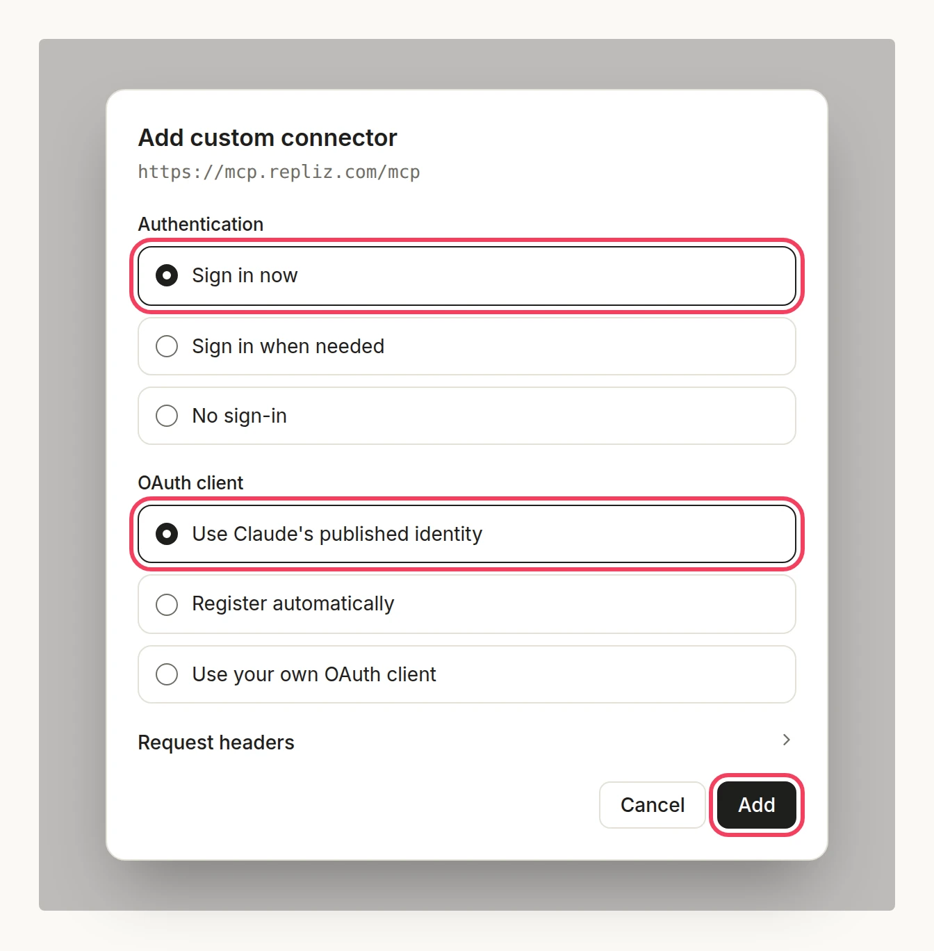 Illustration: the authentication settings with Sign in now and Use Claude's published identity selected, and the Add button highlighted
