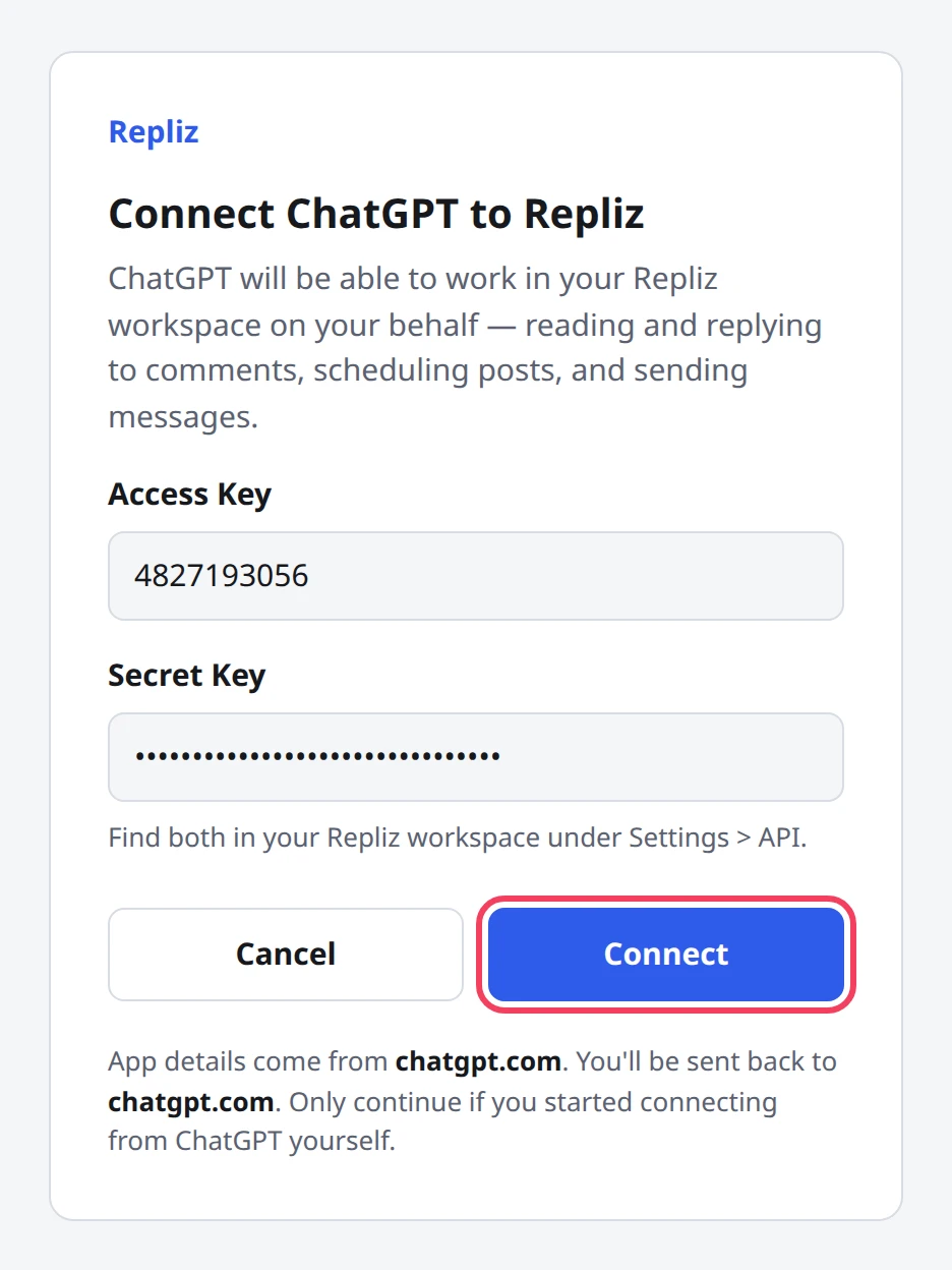 The Repliz sign-in page for ChatGPT with both keys filled in and Connect highlighted