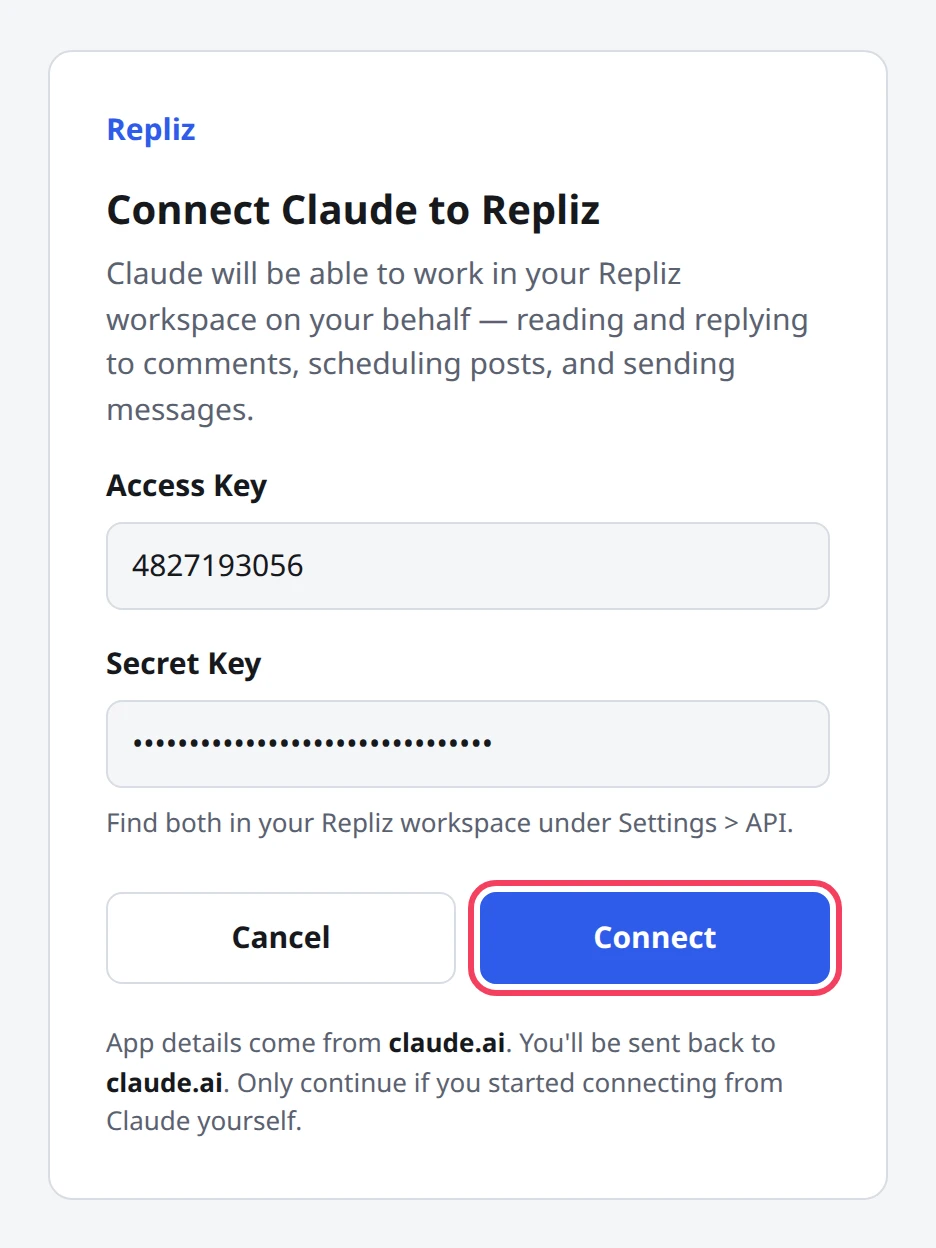 The Repliz sign-in page with the Access Key and Secret Key filled in and Connect highlighted