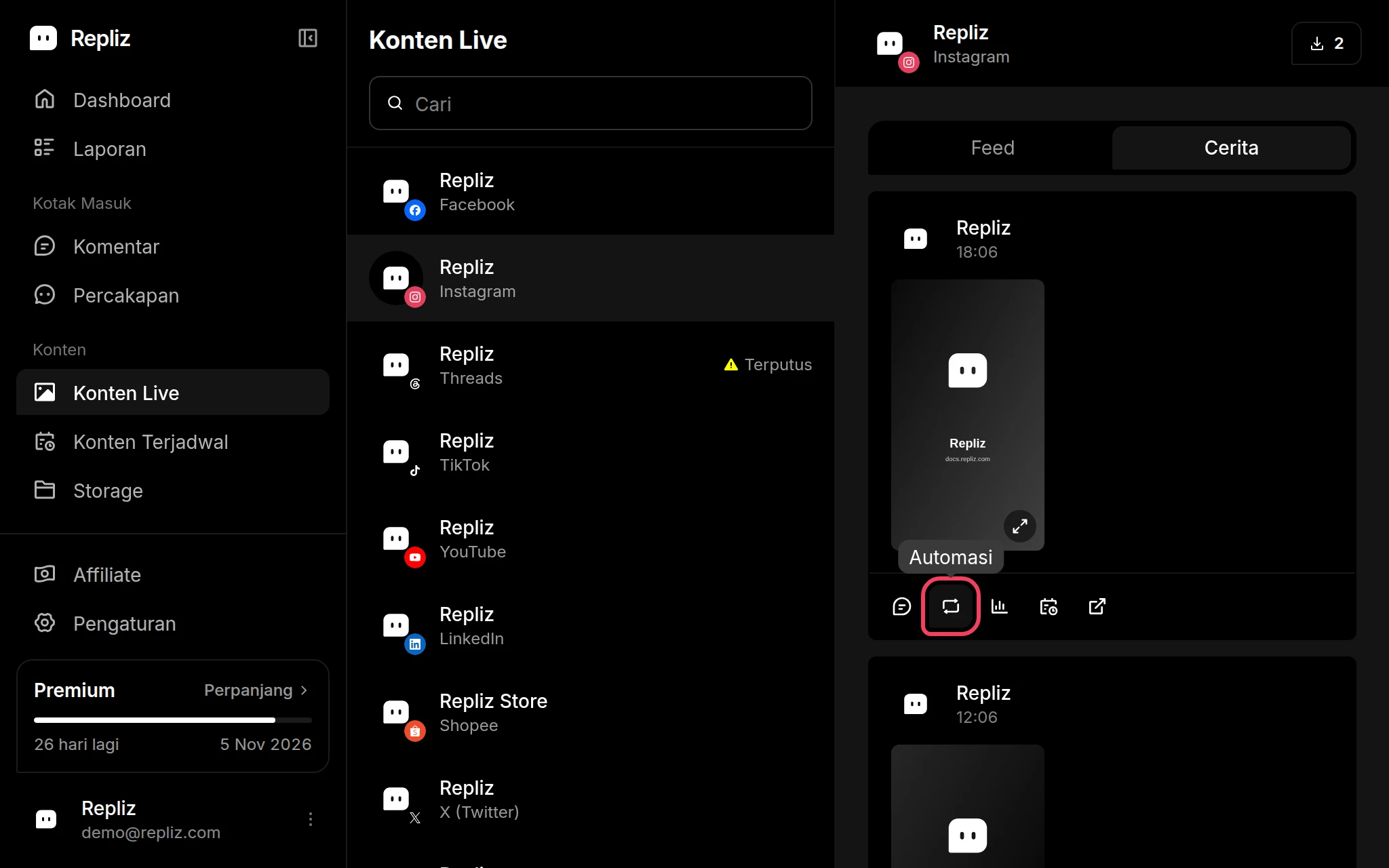 Tab Cerita di Konten Live dengan tombol Automasi sebuah cerita disorot