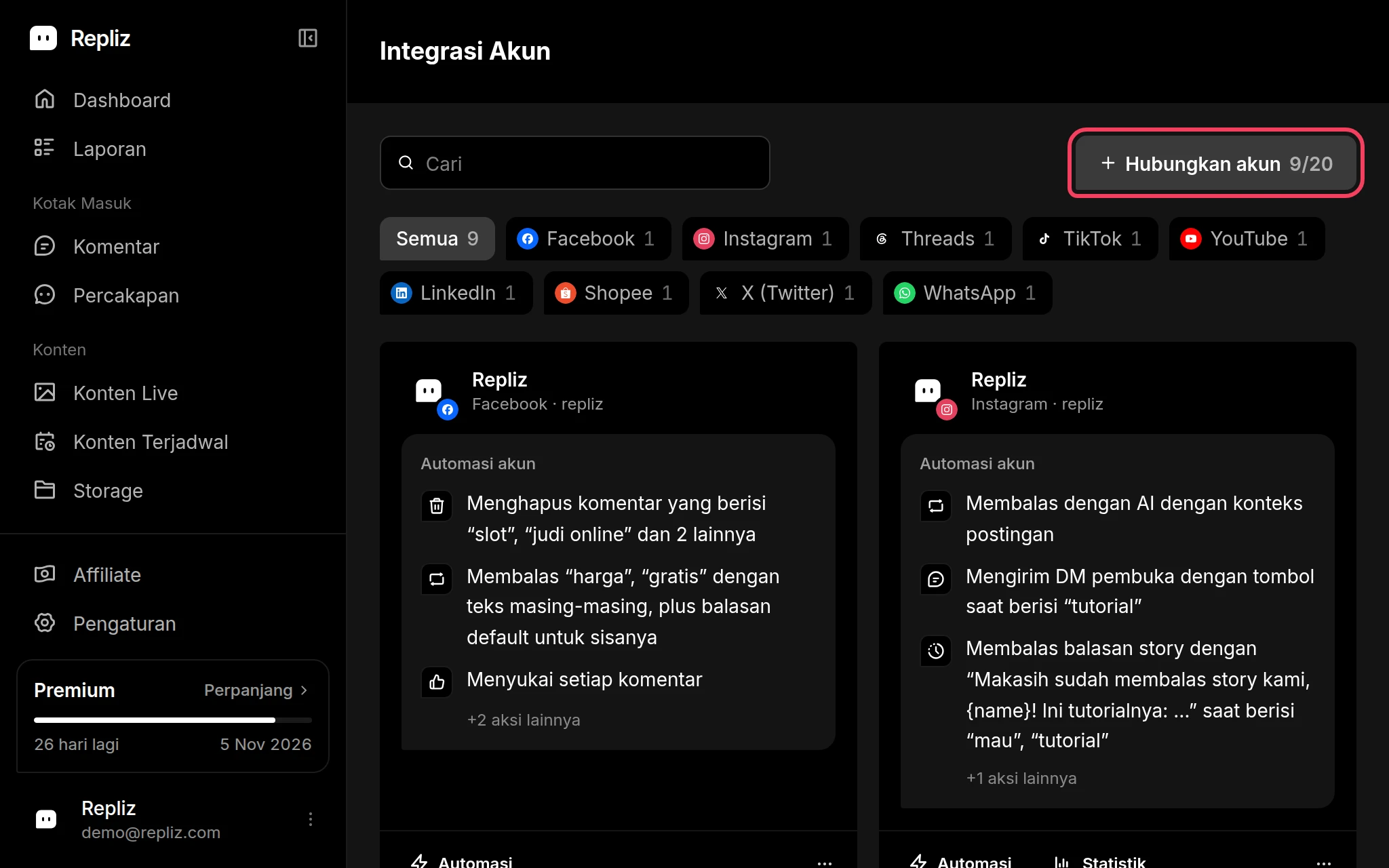 Halaman Integrasi Akun berisi akun-akun yang terhubung