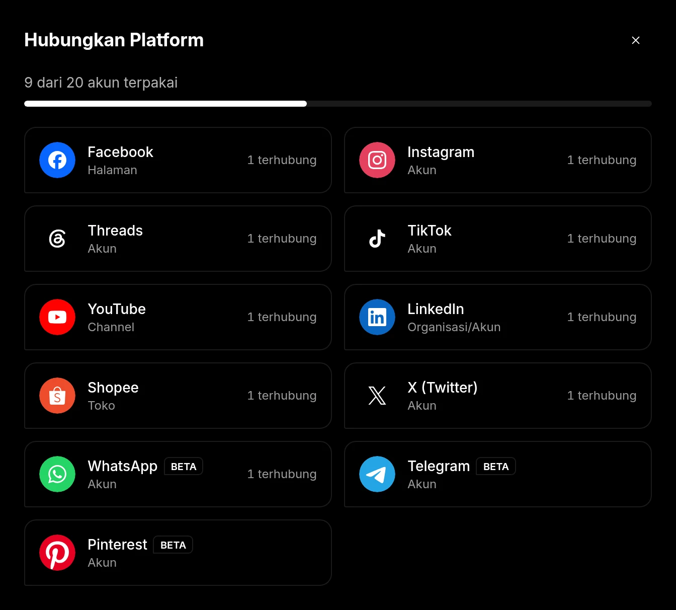 Jendela Hubungkan Platform berisi semua platform