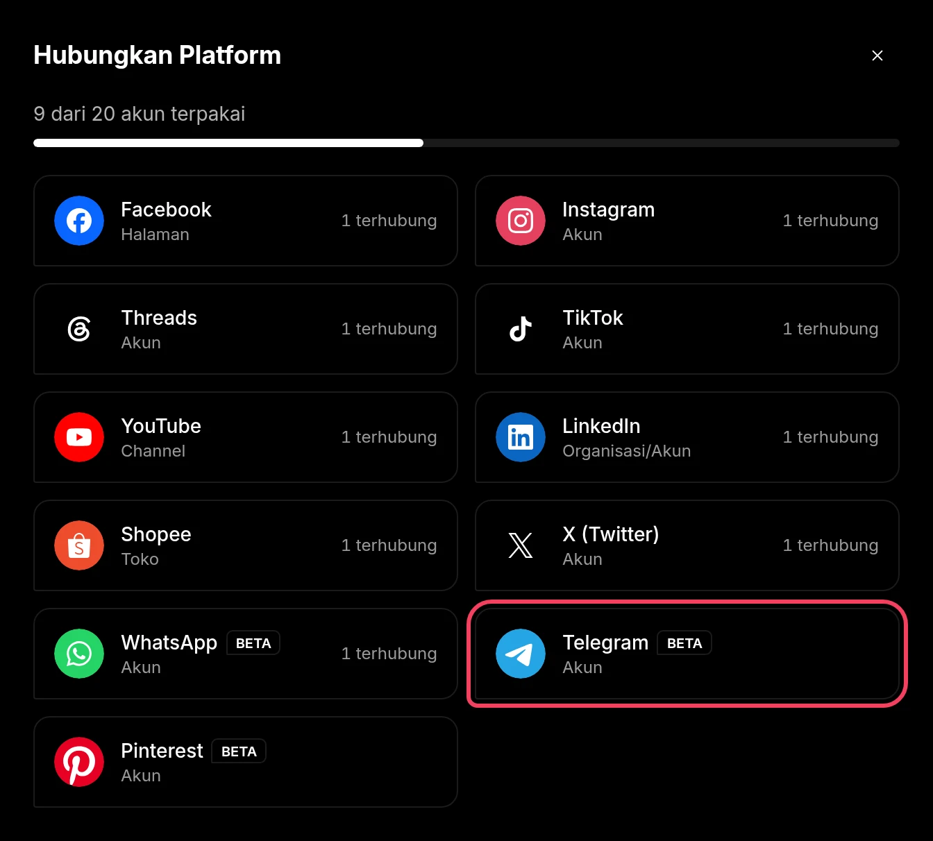 Jendela Hubungkan Platform dengan Telegram disorot