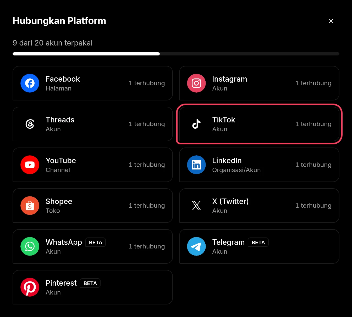 Jendela Hubungkan Platform dengan TikTok disorot