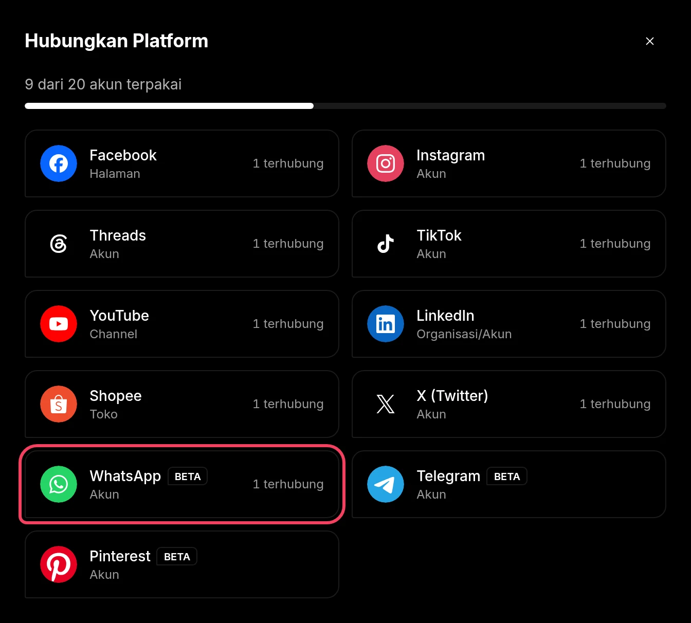 Jendela Hubungkan Platform dengan WhatsApp disorot