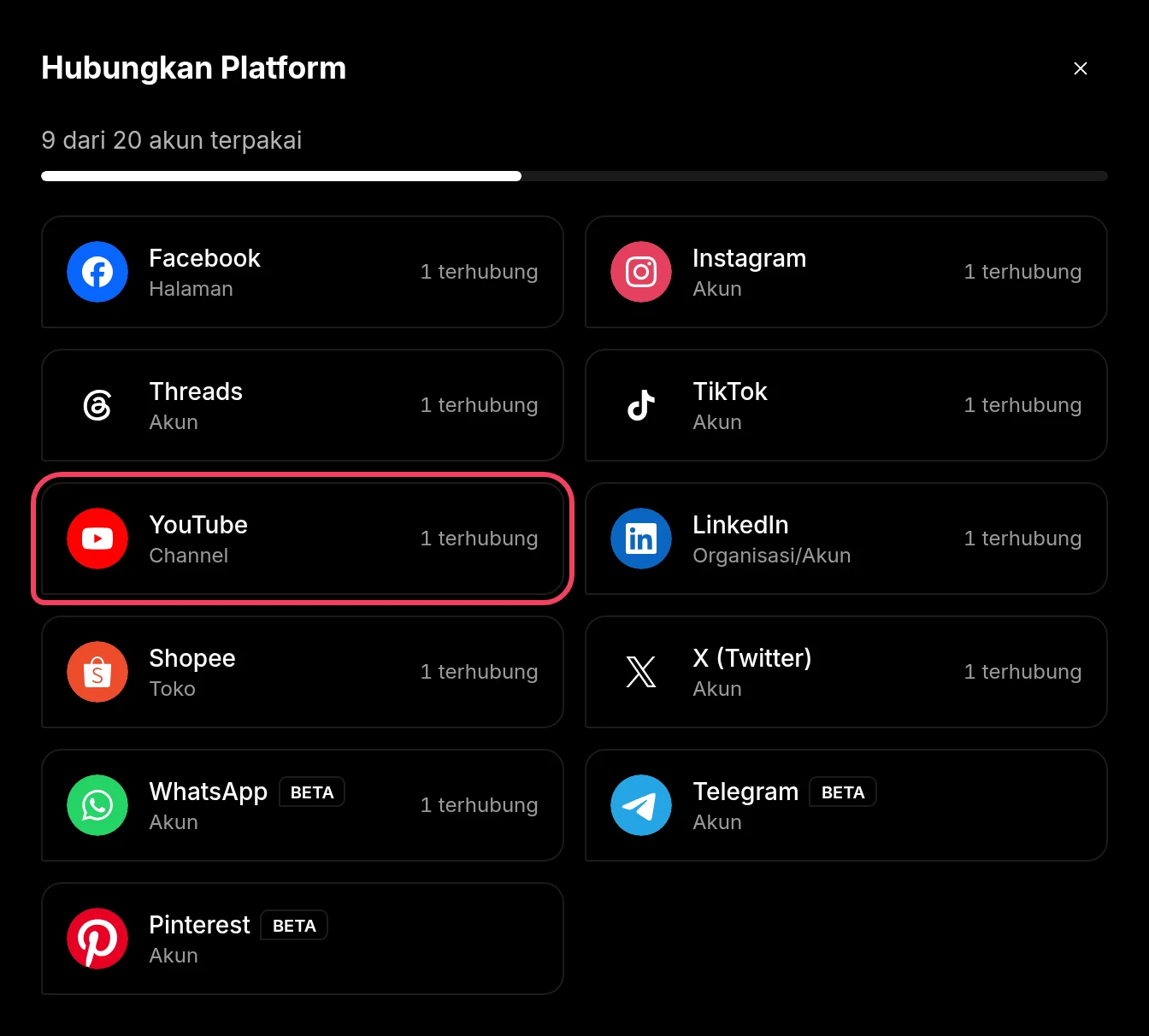 Jendela Hubungkan Platform dengan YouTube disorot