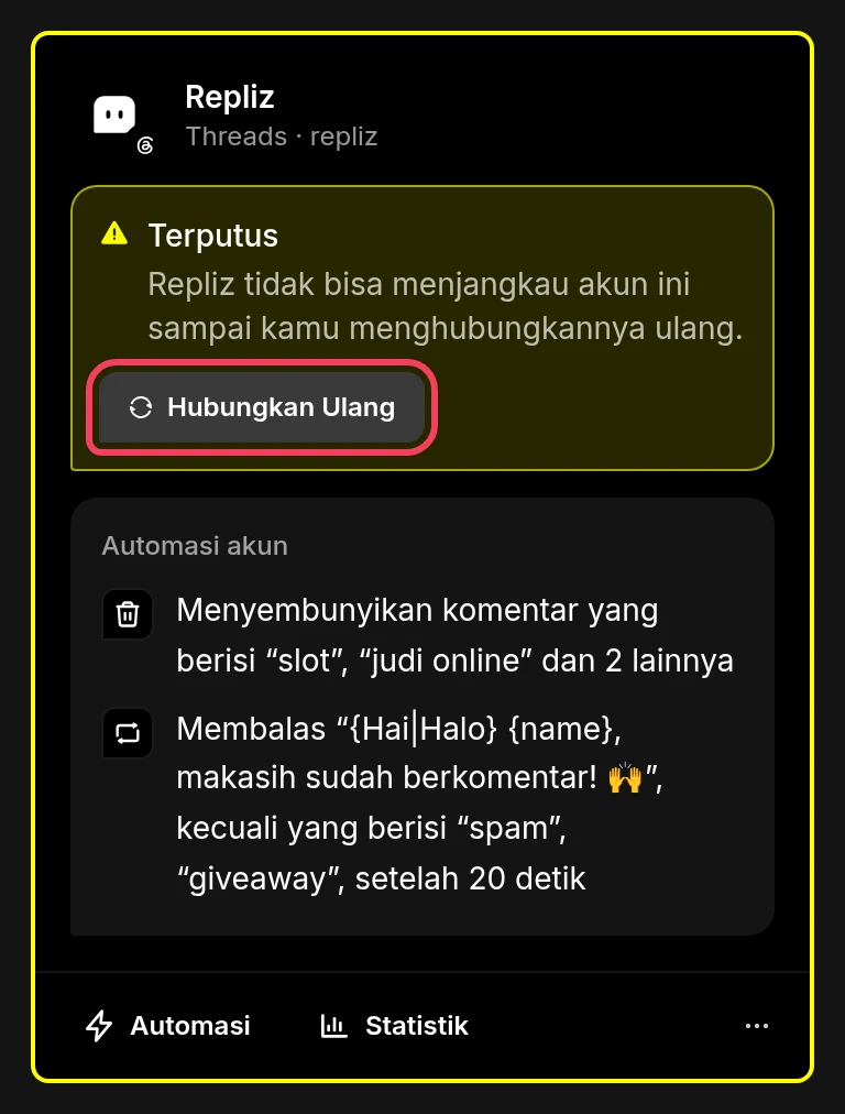 Kartu akun yang terputus dengan tombol Hubungkan Ulang disorot