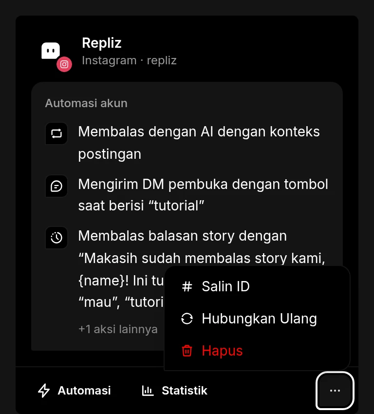 Kartu akun dengan menunya terbuka, berisi Salin ID, Hubungkan Ulang, dan Hapus
