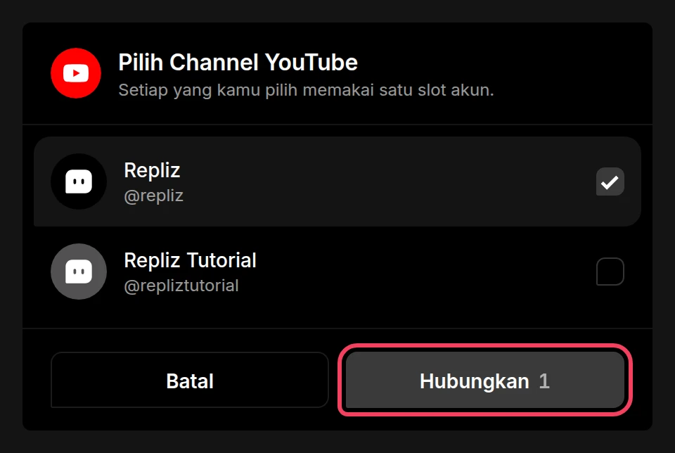 Daftar Pilih Channel YouTube dengan satu channel dicentang dan tombol Hubungkan disorot