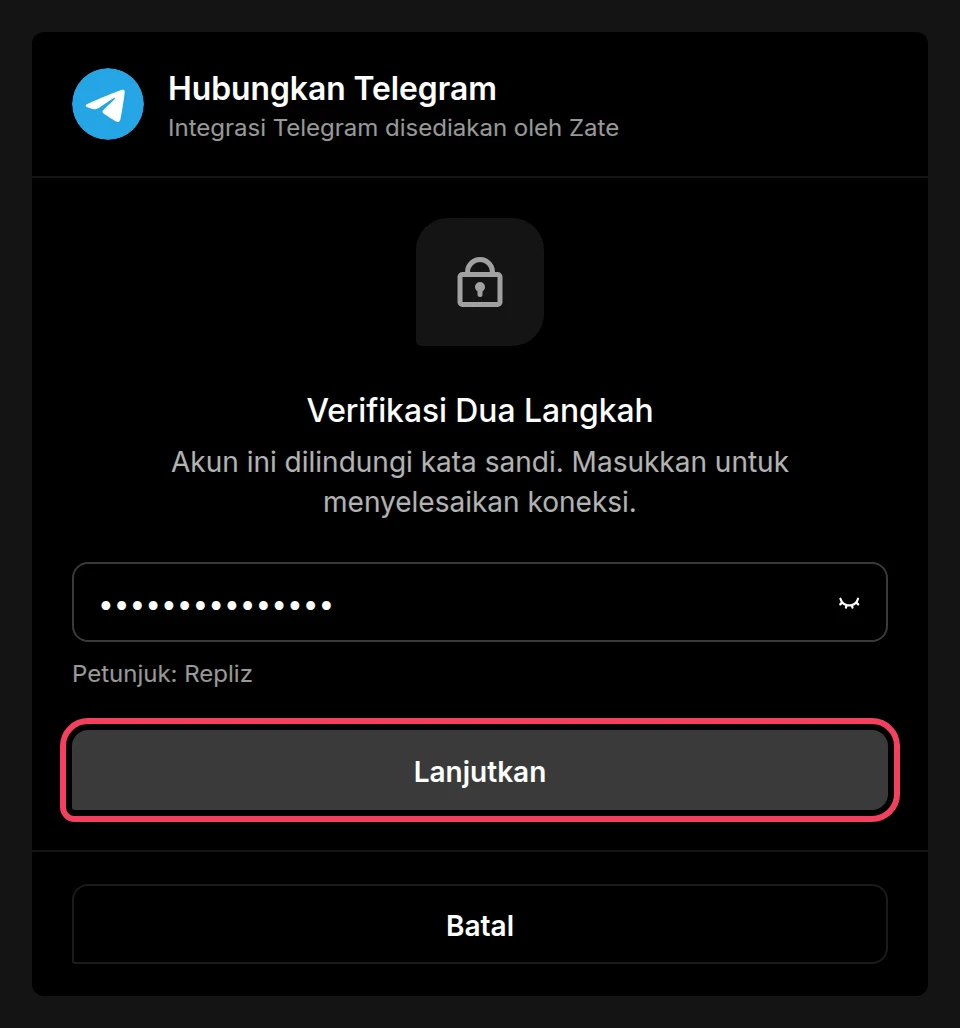 Form Verifikasi Dua Langkah dengan tombol Lanjutkan disorot