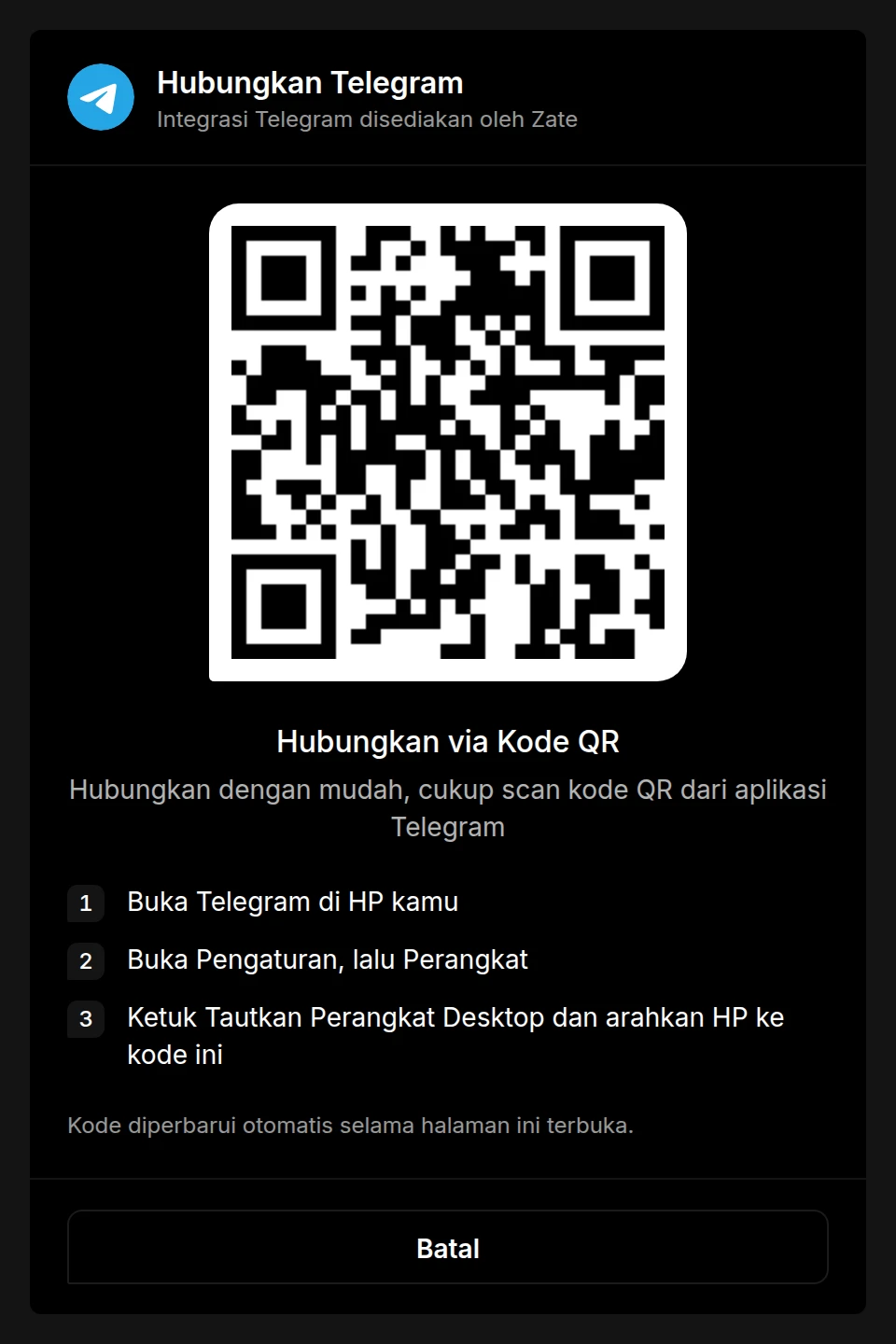 Halaman Hubungkan Telegram menampilkan kode QR dan langkah memindainya