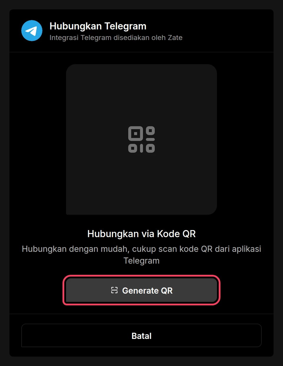 Halaman Hubungkan Telegram dengan tombol Generate QR disorot
