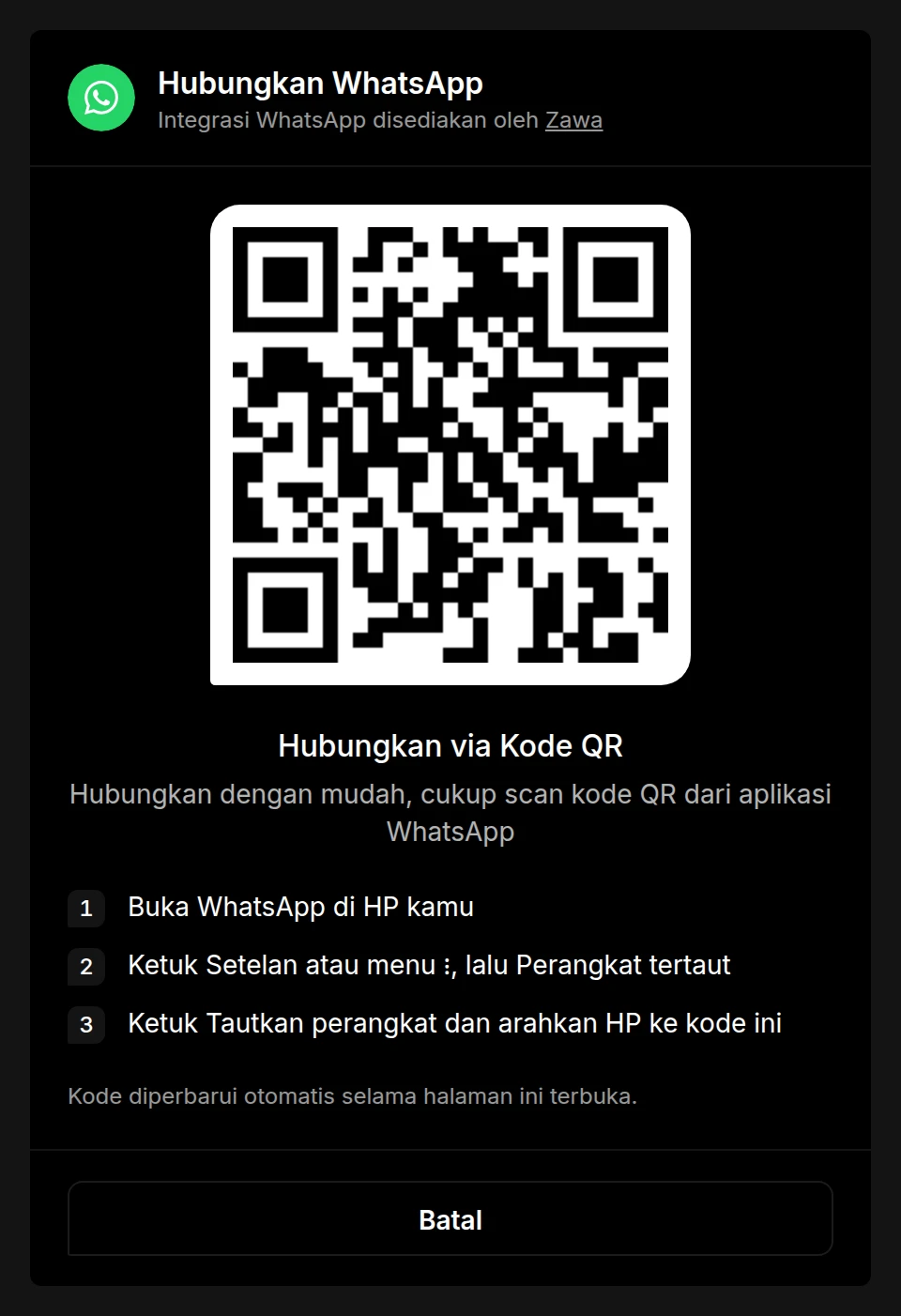 Halaman Hubungkan WhatsApp menampilkan kode QR dan langkah memindainya