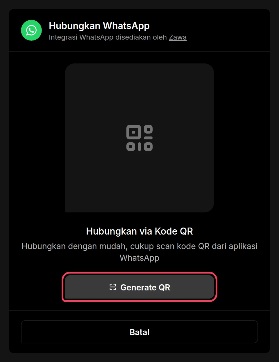 Halaman Hubungkan WhatsApp dengan tombol Generate QR disorot