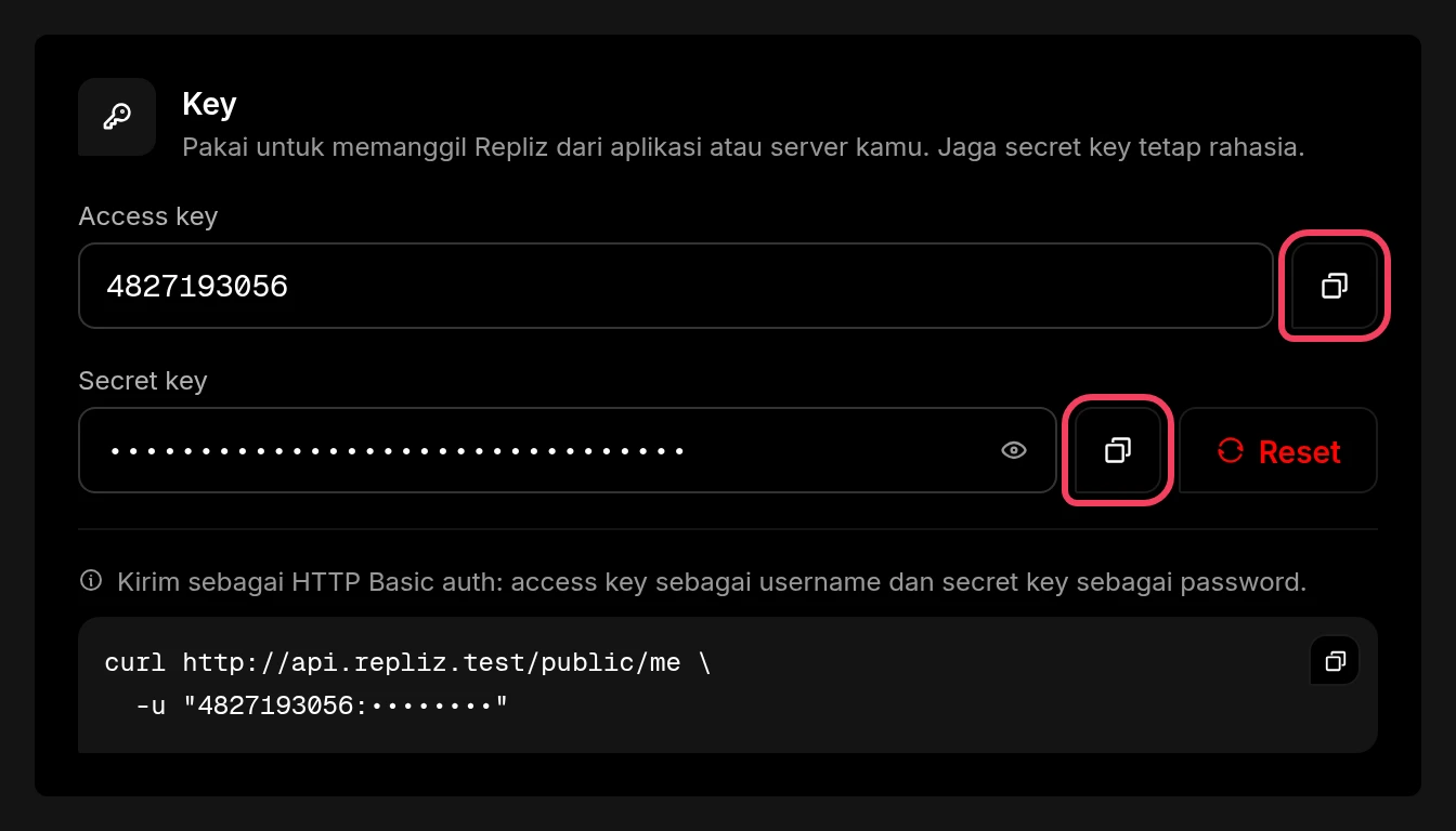 Kartu Key dengan tombol salin di sebelah access key dan secret key disorot