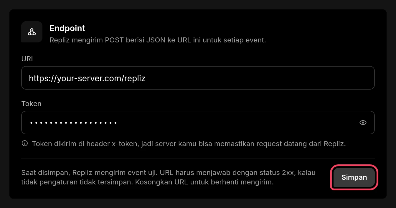 Form Endpoint dengan URL dan token terisi serta tombol Simpan disorot