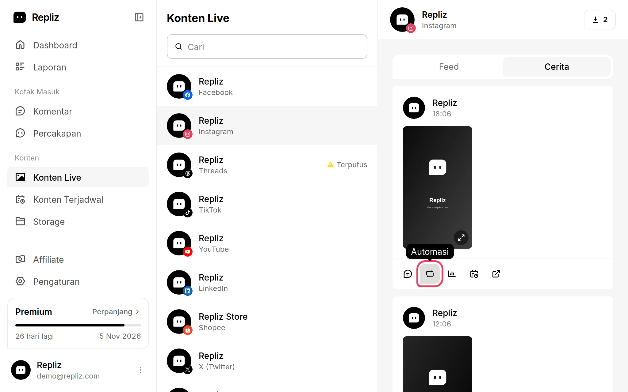 Tab Cerita di Konten Live dengan tombol Automasi sebuah cerita disorot
