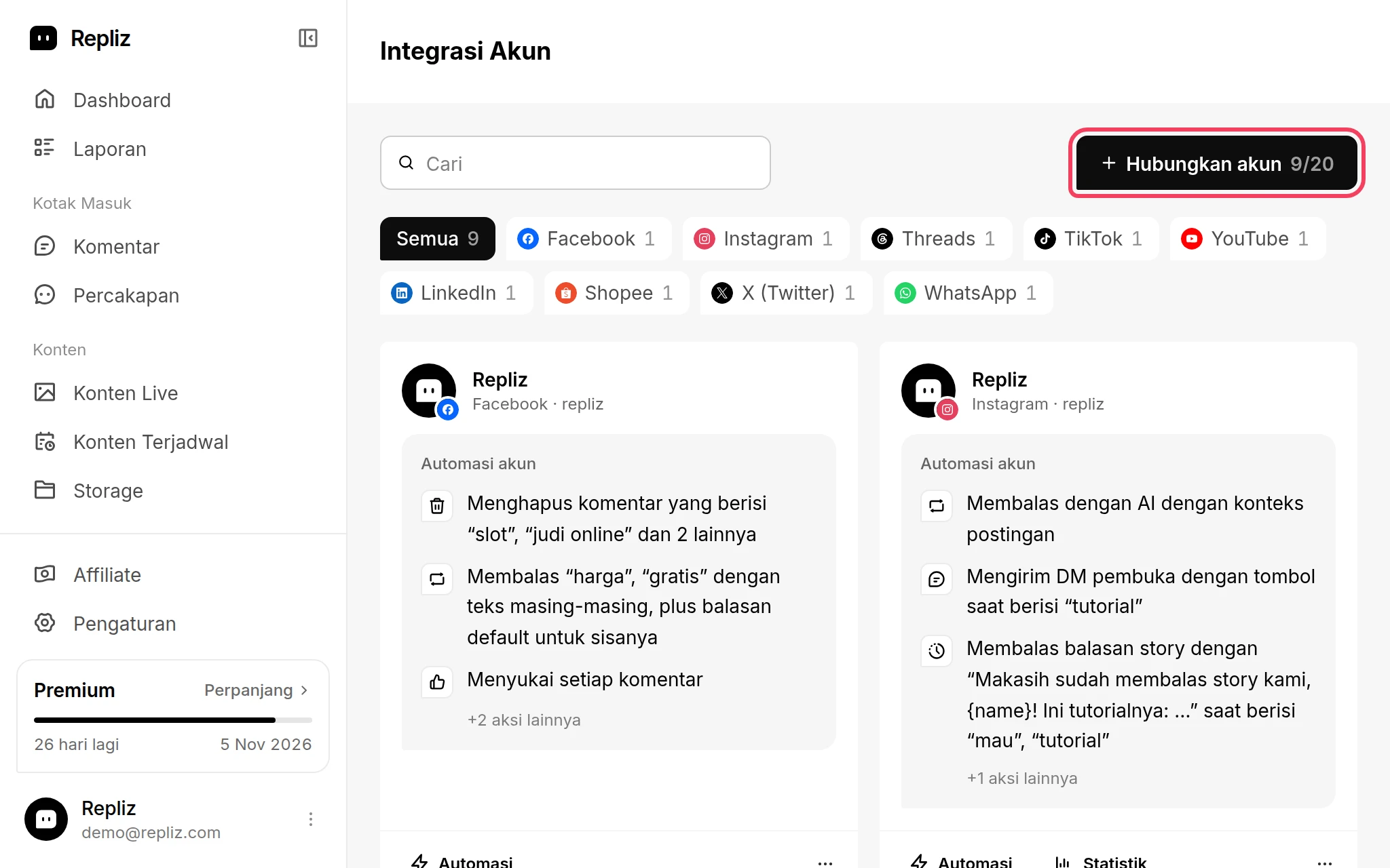 Halaman Integrasi Akun berisi akun-akun yang terhubung