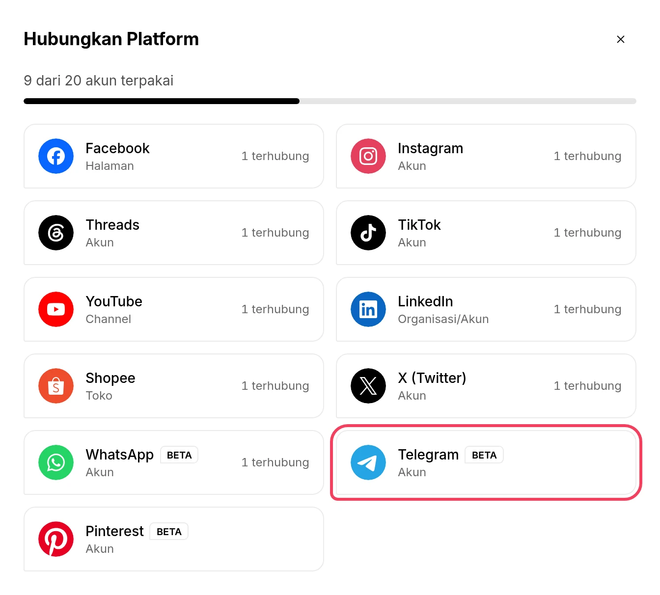 Jendela Hubungkan Platform dengan Telegram disorot