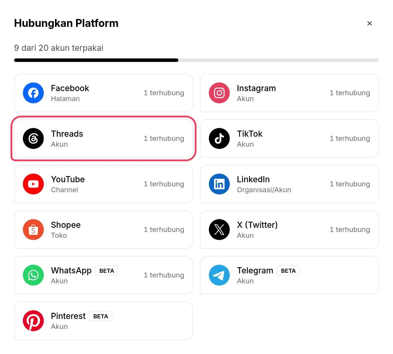 Jendela Hubungkan Platform dengan Threads disorot