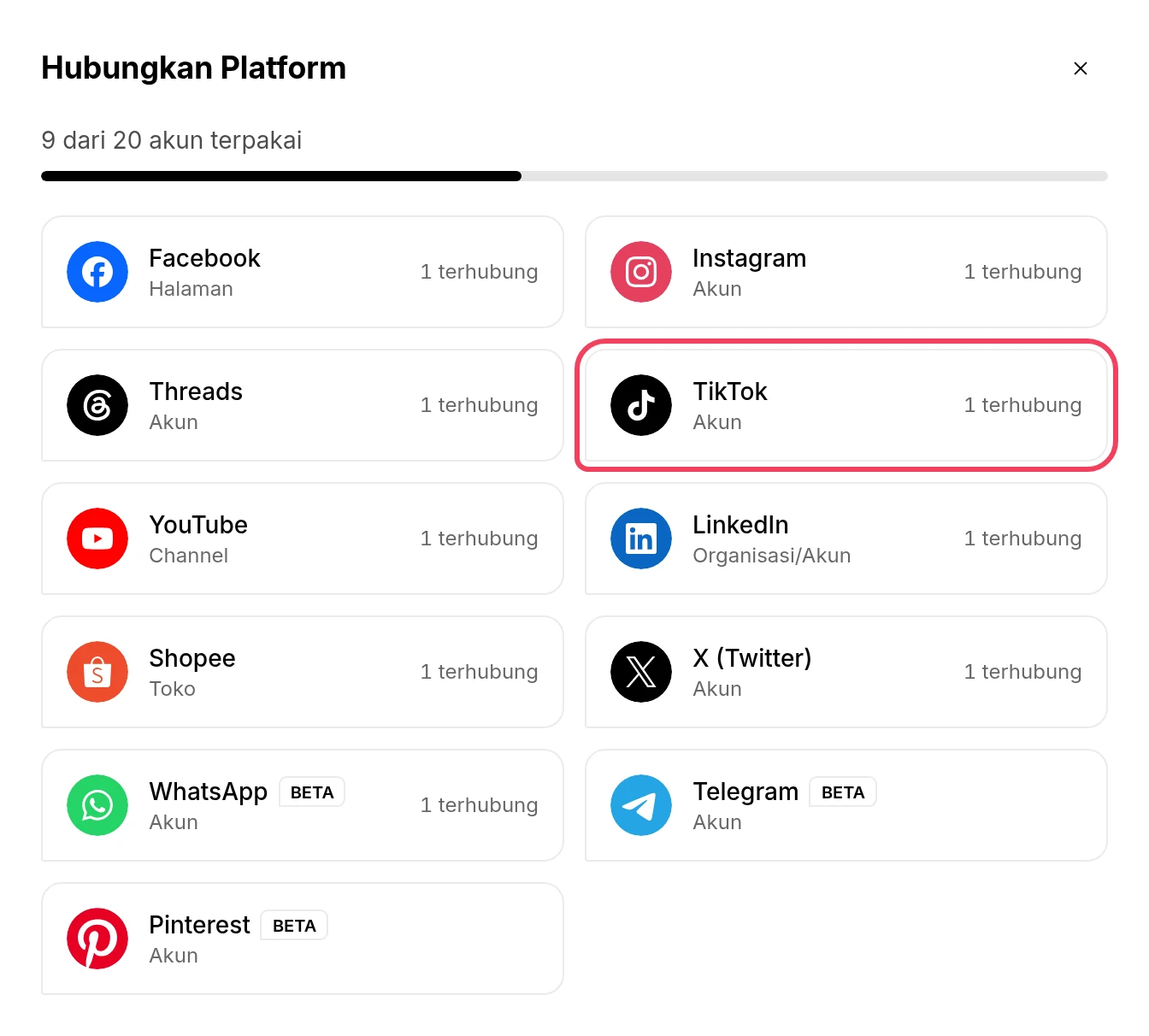 Jendela Hubungkan Platform dengan TikTok disorot