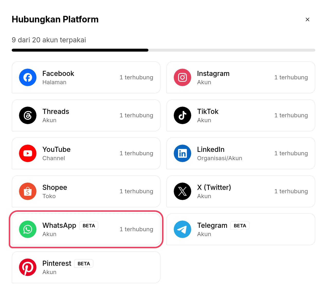 Jendela Hubungkan Platform dengan WhatsApp disorot