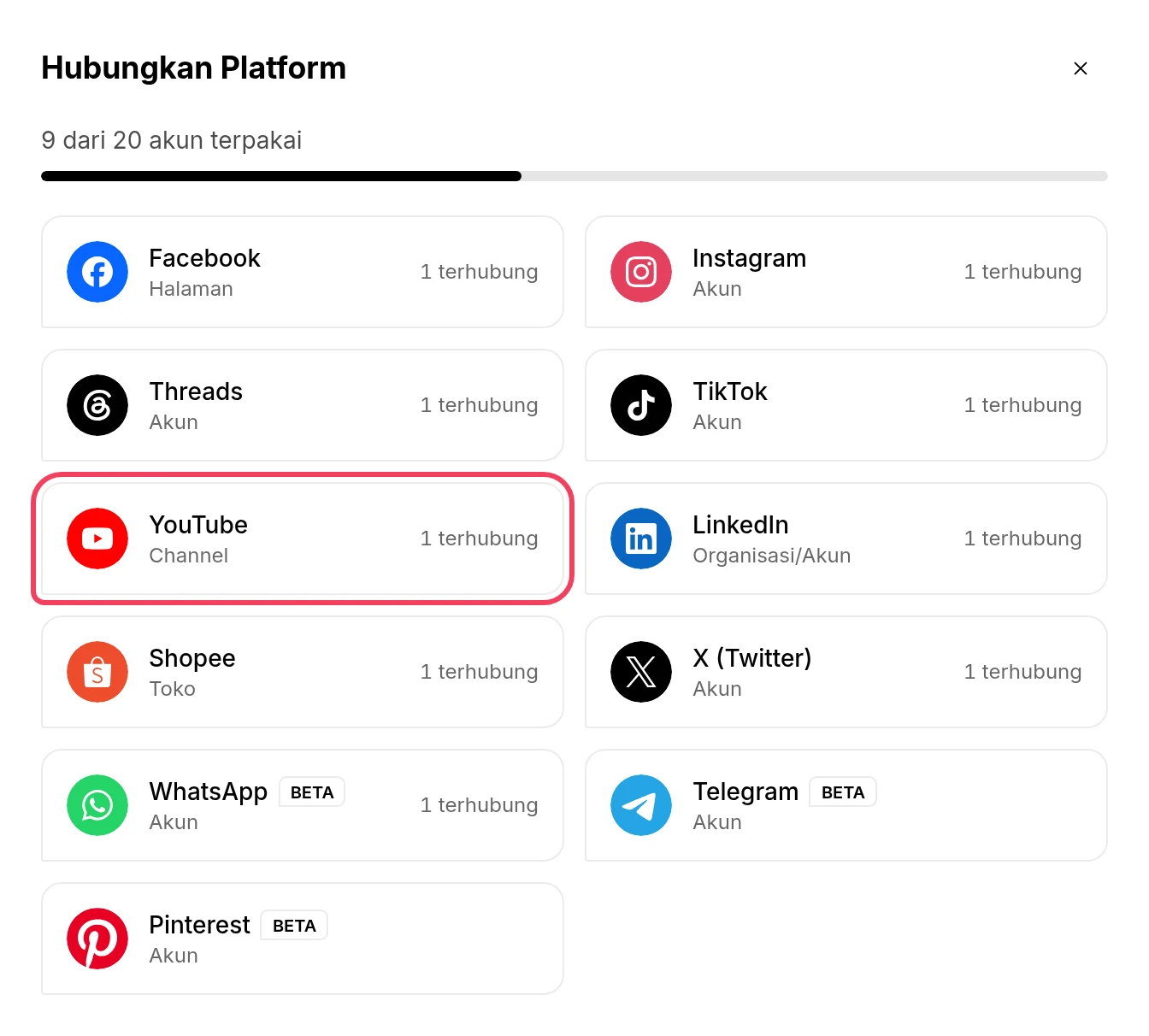 Jendela Hubungkan Platform dengan YouTube disorot
