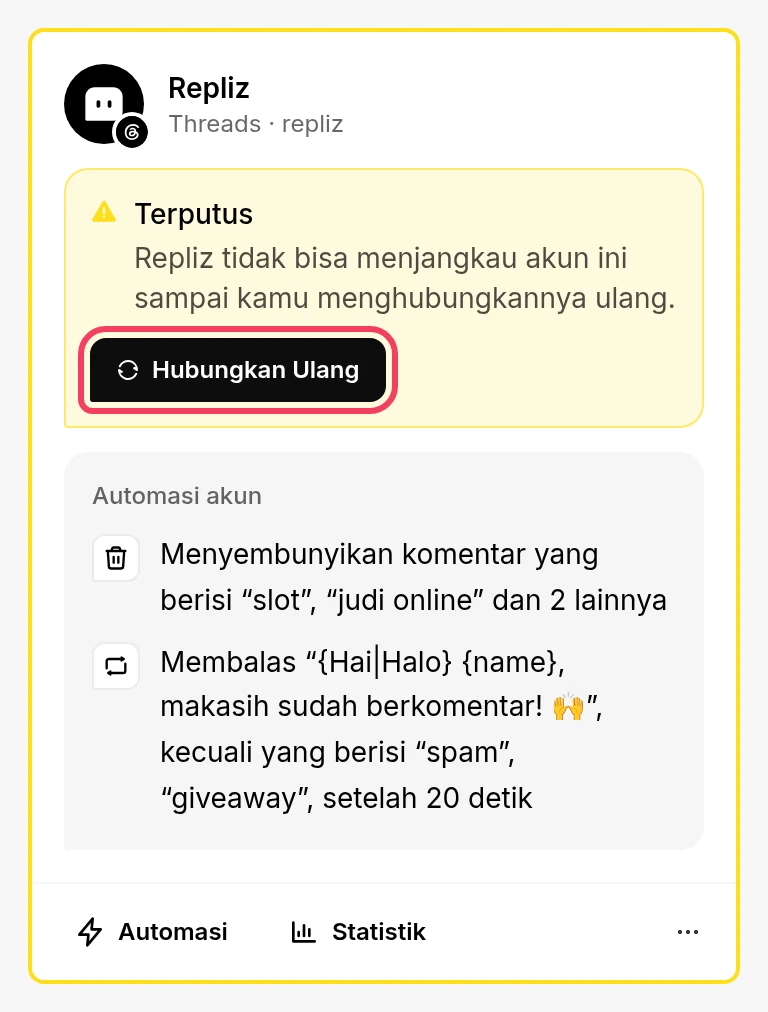 Kartu akun yang terputus dengan tombol Hubungkan Ulang disorot