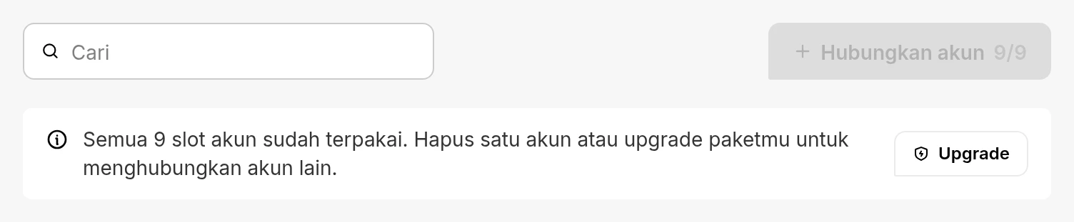 Tombol Hubungkan akun berwarna abu-abu, dengan keterangan bahwa semua slot akun sudah terpakai