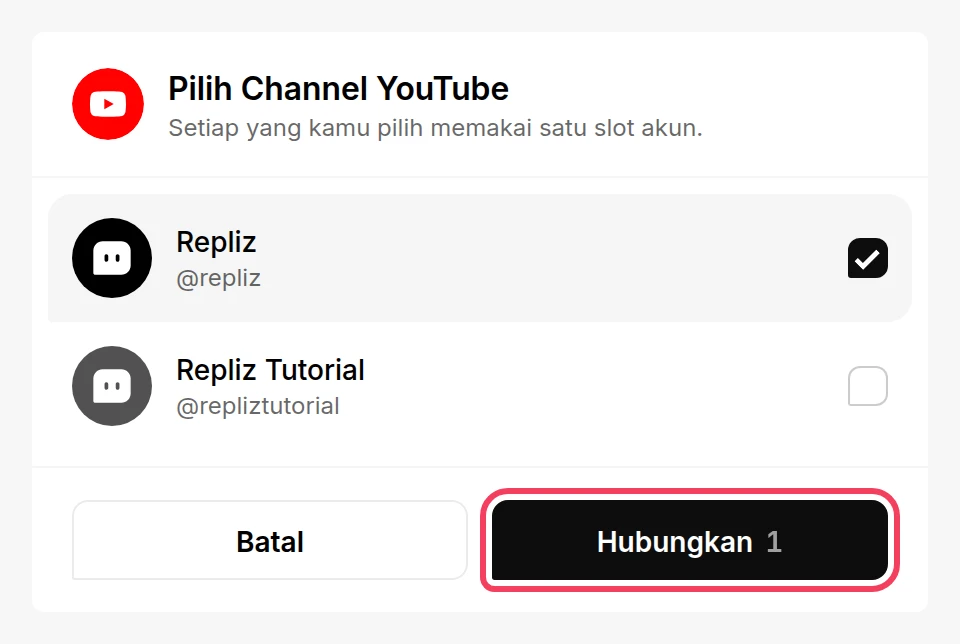 Daftar Pilih Channel YouTube dengan satu channel dicentang dan tombol Hubungkan disorot