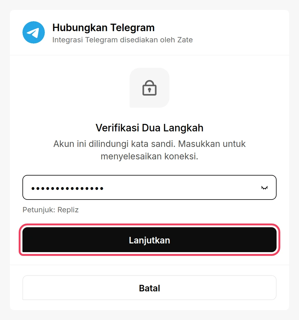 Form Verifikasi Dua Langkah dengan tombol Lanjutkan disorot
