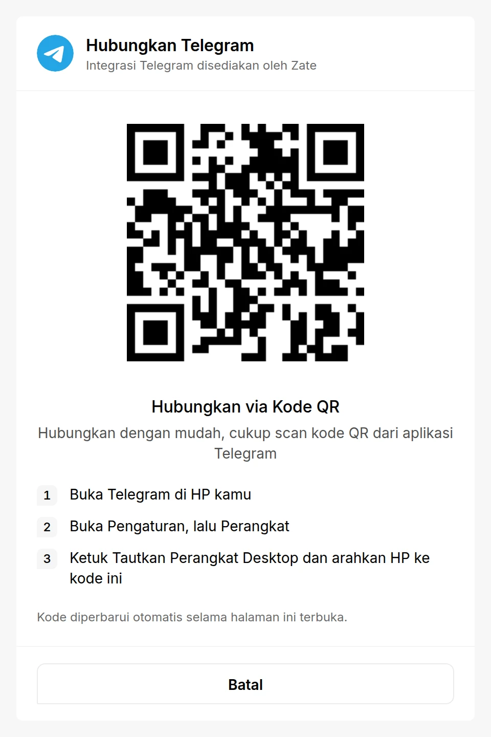 Halaman Hubungkan Telegram menampilkan kode QR dan langkah memindainya