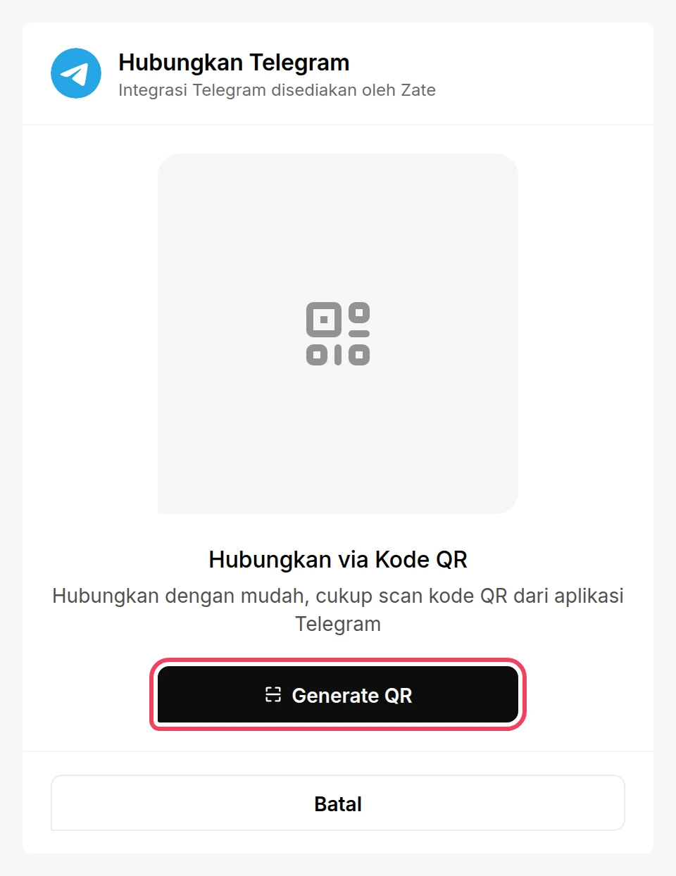Halaman Hubungkan Telegram dengan tombol Generate QR disorot