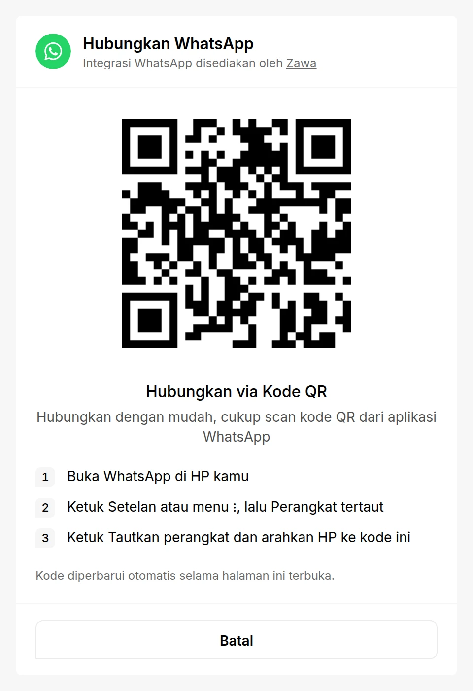 Halaman Hubungkan WhatsApp menampilkan kode QR dan langkah memindainya