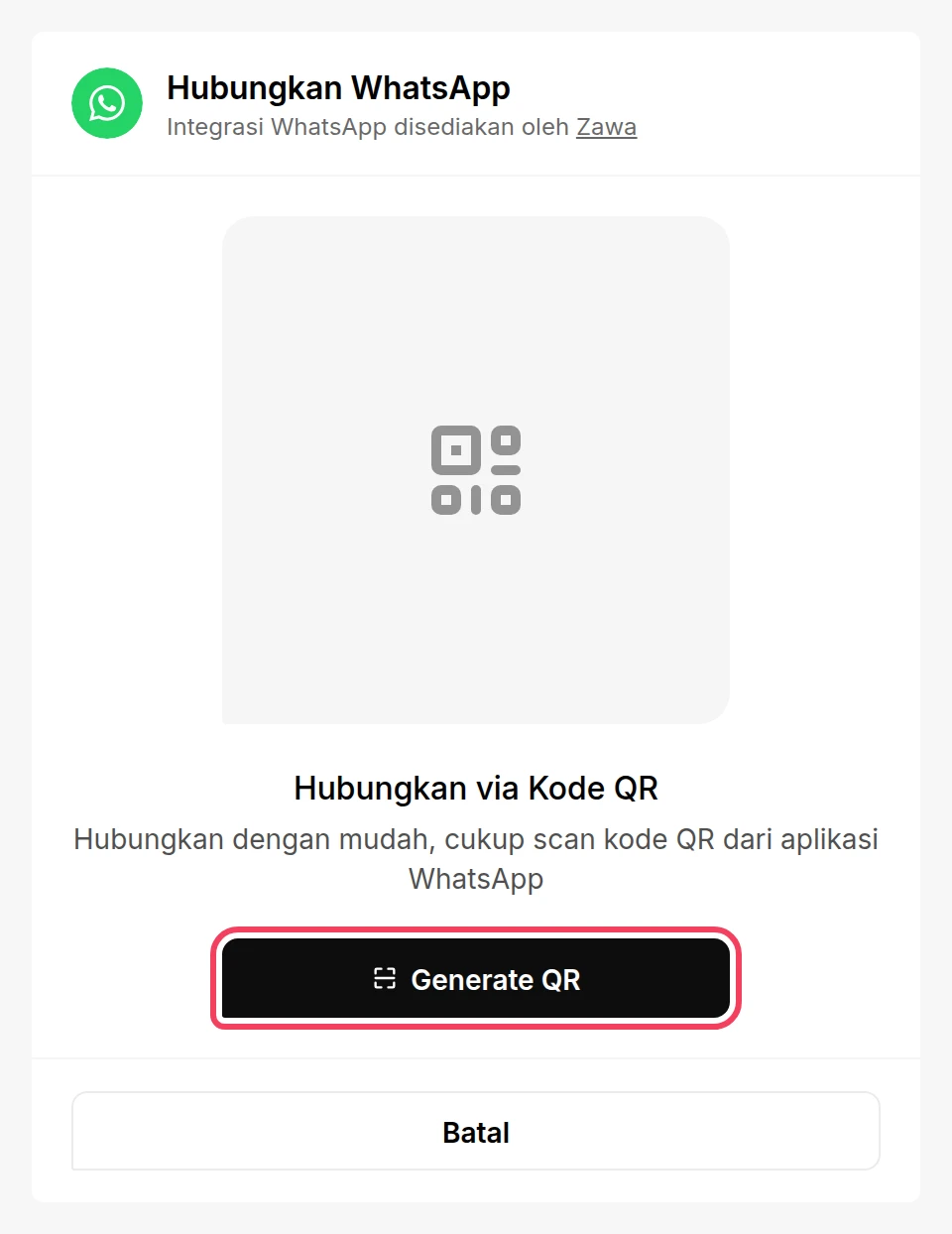 Halaman Hubungkan WhatsApp dengan tombol Generate QR disorot