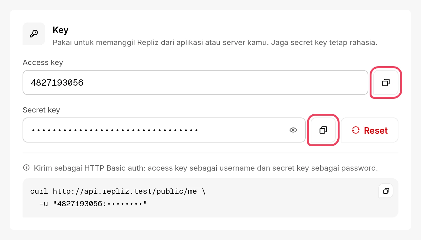 Kartu Key dengan tombol salin di sebelah access key dan secret key disorot