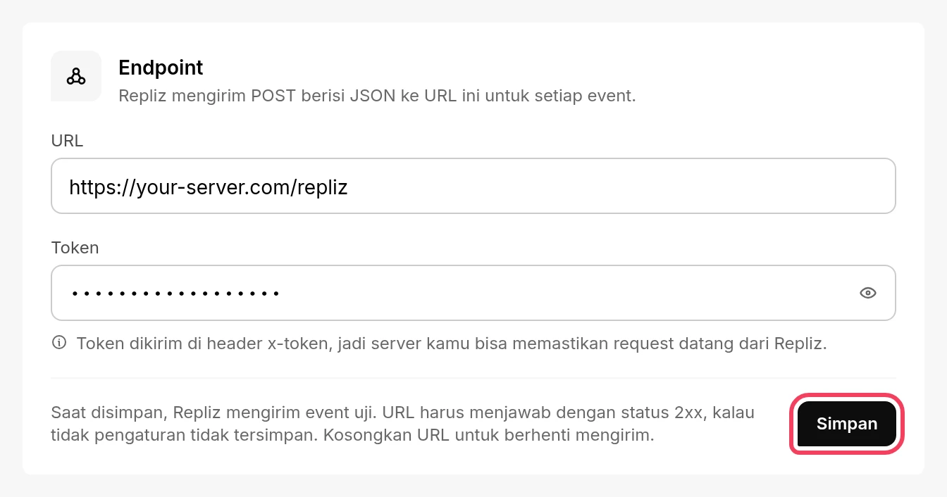 Form Endpoint dengan URL dan token terisi serta tombol Simpan disorot